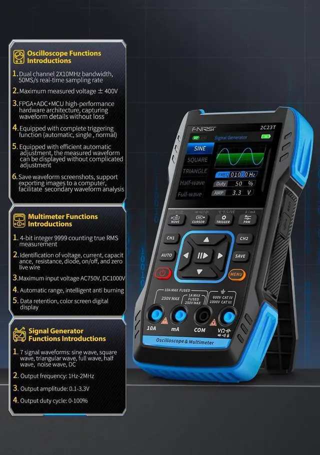 Alt view image 2 of 7 - 3 in1 Oscilloscope/Multimeter/DDS Signal Generator with 2 Channels, Automotive Oscilloscope 10MHz Bandwidth, 50MSa/s Sampling Rate, 10000 Counts, Voltage, Current