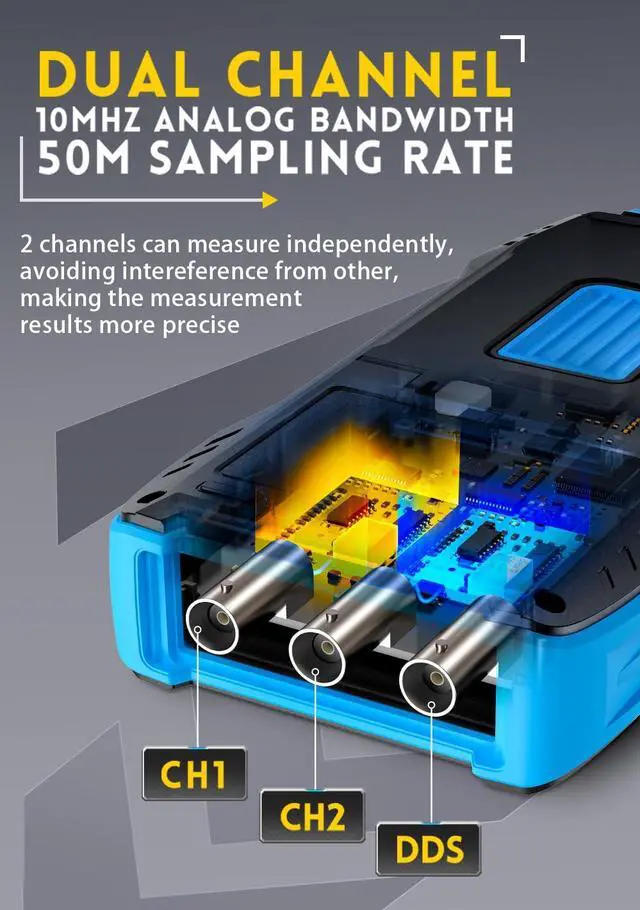 Alt view image 3 of 7 - 3 in1 Oscilloscope/Multimeter/DDS Signal Generator with 2 Channels, Automotive Oscilloscope 10MHz Bandwidth, 50MSa/s Sampling Rate, 10000 Counts, Voltage, Current