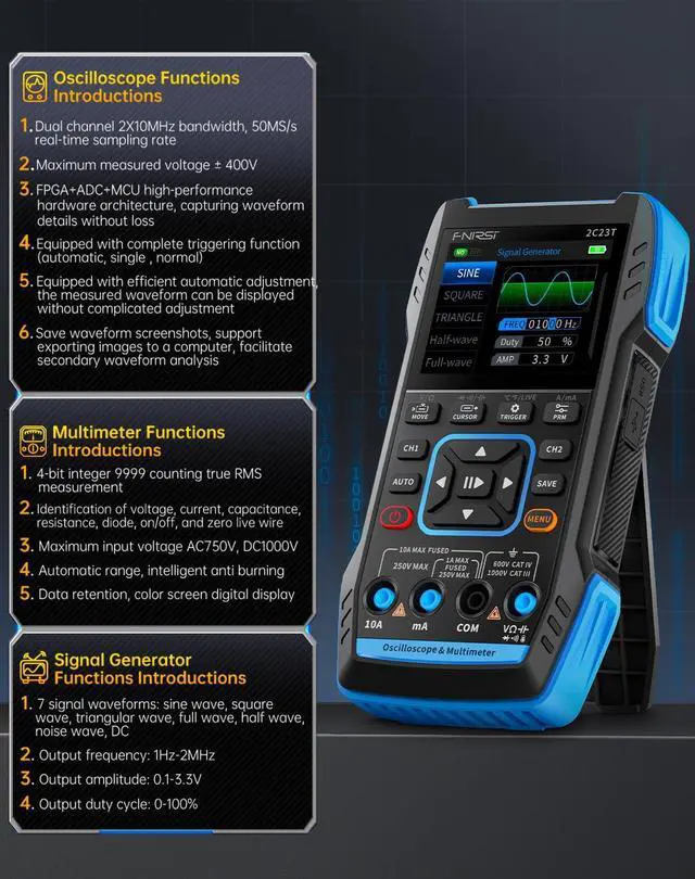Alt view image 2 of 7 - 3 in1 Oscilloscope/Multimeter/DDS Signal Generator with 2 Channels, 10MHz Bandwidth, 50MSa/s Sampling Rate, 10000 Counts, Voltage, Current, Capacitor, Resistor