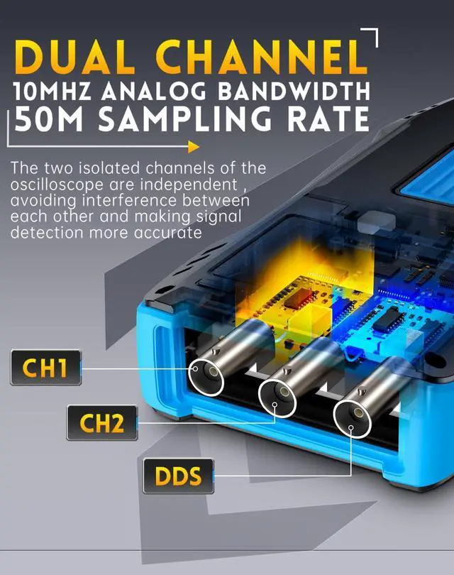 Alt view image 3 of 7 - 3 in1 Oscilloscope/Multimeter/DDS Signal Generator with 2 Channels, 10MHz Bandwidth, 50MSa/s Sampling Rate, 10000 Counts, Voltage, Current, Capacitor, Resistor