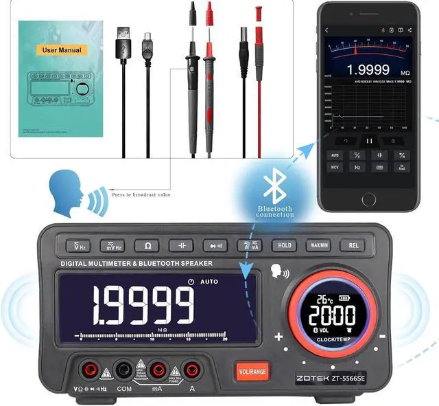 Main image of 5566SE Digital Multimeter with Bluetooth Speaker, AC/DC Voltage Tester, Resistance, Capacitance, Temperature, Frequency Measurement, and Voice Broadcast for Home and Industrial Use