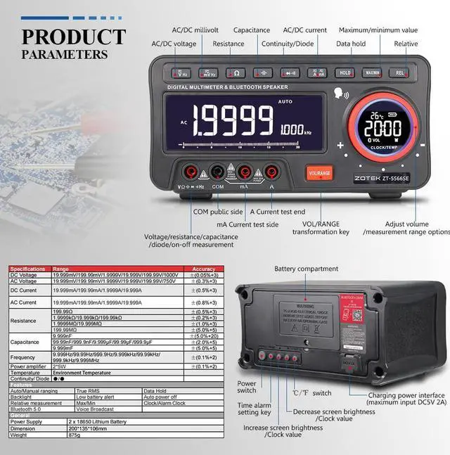 Alt view image 4 of 6 - 5566SE Digital Multimeter with Bluetooth Speaker, AC/DC Voltage Tester, Resistance, Capacitance, Temperature, Frequency Measurement, and Voice Broadcast for Home and Industrial Use