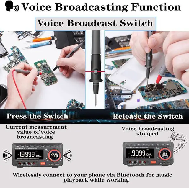 Alt view image 3 of 6 - 5566SE Digital Multimeter with Bluetooth Speaker, AC/DC Voltage Tester, Resistance, Capacitance, Temperature, Frequency Measurement, and Voice Broadcast for Home and Industrial Use