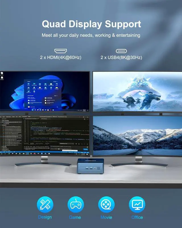 Alt view image 4 of 7 - Mini PC Mini IT13, 13th  Core i7-13620H (10C/16T, up to 4.9GHz), 32GB DDR4 RAM/1TB PCIe Gen4 SSD Mini Desktop NUC13, USB4.0/8K UHD/WiFi 6E/BT5.2, Home&Office Mini Desktop Computers