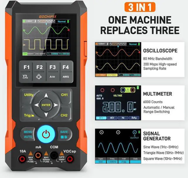 Alt view image 2 of 7 - Multimeter Waveform Generator 3 in 1 Automotive Oscilloscope 2 Channel 80Mhz Bandwidth 200Msps Sampling Rate Signal Generator Digital Oscilloscope Multimeter