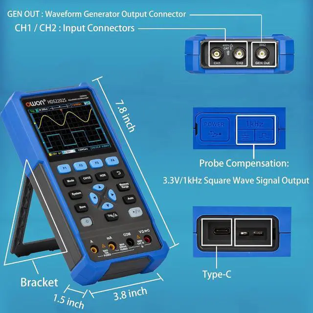 Alt view image 4 of 7 - HDS2202S Oscilloscope 3 in 1 Digital Handheld Oscilloscope with 200MHz Bandwidth 3.5" LCD 2+1CH(Oscilloscope+Multimeter+Waveform Generator)