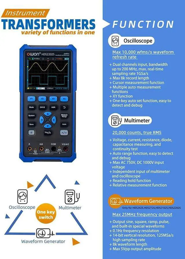 Alt view image 7 of 7 - HDS2202S Oscilloscope 3 in 1 Digital Handheld Oscilloscope with 200MHz Bandwidth 3.5" LCD 2+1CH(Oscilloscope+Multimeter+Waveform Generator)