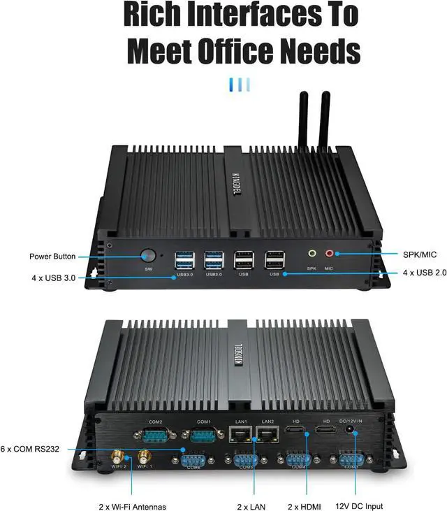 Alt view image 4 of 7 - Fanless Industrial PC, W-11 Pro Mini Computer with i7 CPU, 8GB RAM, 512GB SSD, 2xNICs, 2xHD Ports, 4xUSB 3.0, 6xCOM RS232, Metal Case