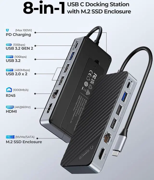 Alt view image 2 of 7 - USB-C Hub with M.2 SSD Enclosure, 8-in-1 USB C Docking Station Fits M.2 NVMe/SATA SSD, 10Gbps, 4K@60Hz HDMI, 100W PD, Ethernet - OM28PR