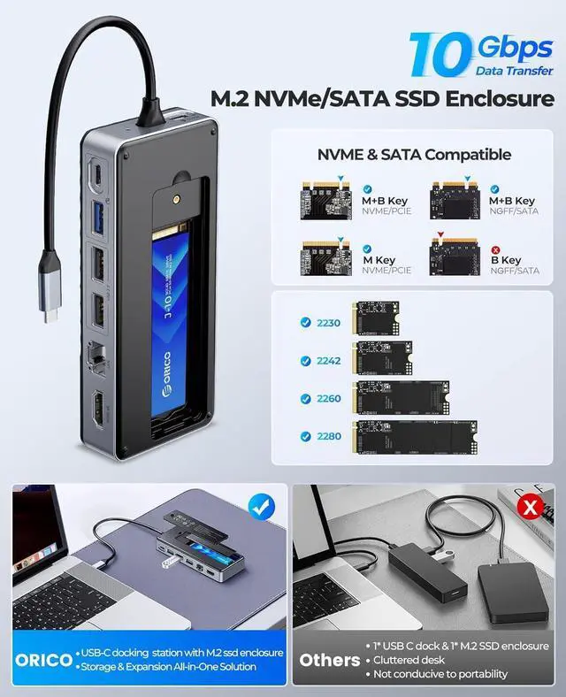 Alt view image 3 of 7 - USB-C Hub with M.2 SSD Enclosure, 8-in-1 USB C Docking Station Fits M.2 NVMe/SATA SSD, 10Gbps, 4K@60Hz HDMI, 100W PD, Ethernet - OM28PR