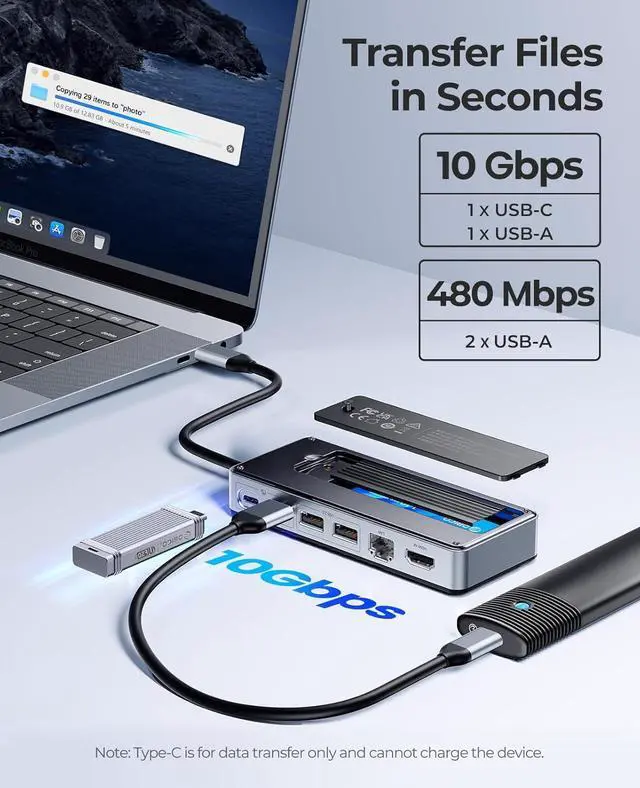 Alt view image 4 of 7 - USB-C Hub with M.2 SSD Enclosure, 8-in-1 USB C Docking Station Fits M.2 NVMe/SATA SSD, 10Gbps, 4K@60Hz HDMI, 100W PD, Ethernet - OM28PR