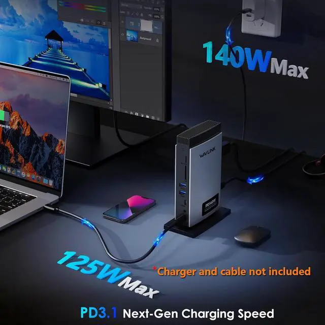Alt view image 4 of 6 - WAVLINK Laptop Docking Station 3 Monitors(Max Resolution: Single 8K or Triple 4K), 11-in-1 USB C Docking Station with 125W PD3.1 Pass-Through, HDMI + 2*DP, for MacBook M1/M2/M3/M4 & Windows, SD/TF