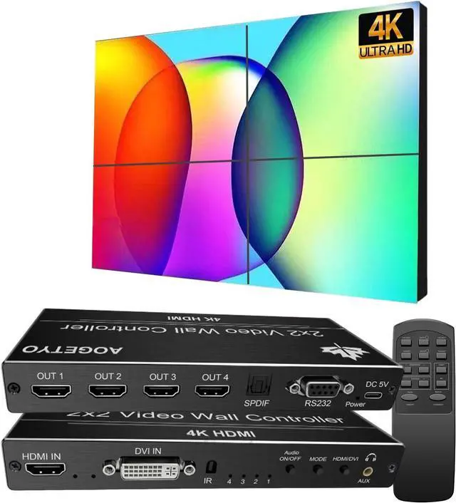 Main image of Video Wall Controller,HDMI & DVI 4k Input Makes 4 TV Screens Into 1 Wall Display, 180° Rotate, Extra Audio, IR Remote &RS232+Button Press Control, Video Wall Controller 2x2 4k 1x2,1x3,1x4,2x1,3x1x4x1