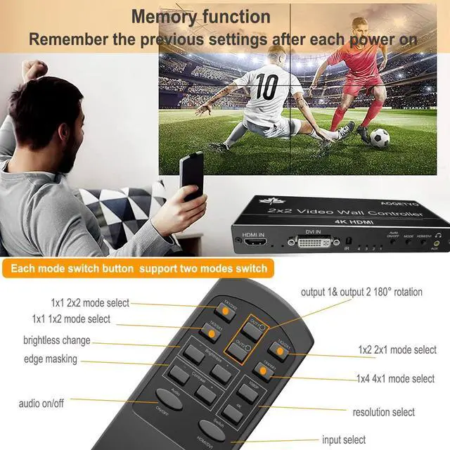 Alt view image 4 of 7 - Video Wall Controller,HDMI & DVI 4k Input Makes 4 TV Screens Into 1 Wall Display, 180° Rotate, Extra Audio, IR Remote &RS232+Button Press Control, Video Wall Controller 2x2 4k 1x2,1x3,1x4,2x1,3x1x4x1