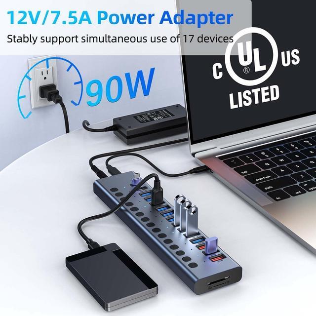 Alt view image 3 of 7 - Powered USB Hub, VANGREE 17-Port 90W USB 3.0 Hub (10 USB 3.0 Ports+3 QC24W Fast Charging Ports+2 USB-C 3.0 Ports+SD/TF Card Reader), Individual On/Off Switches, 12V/7.5A Power Adapter for Laptop, PC