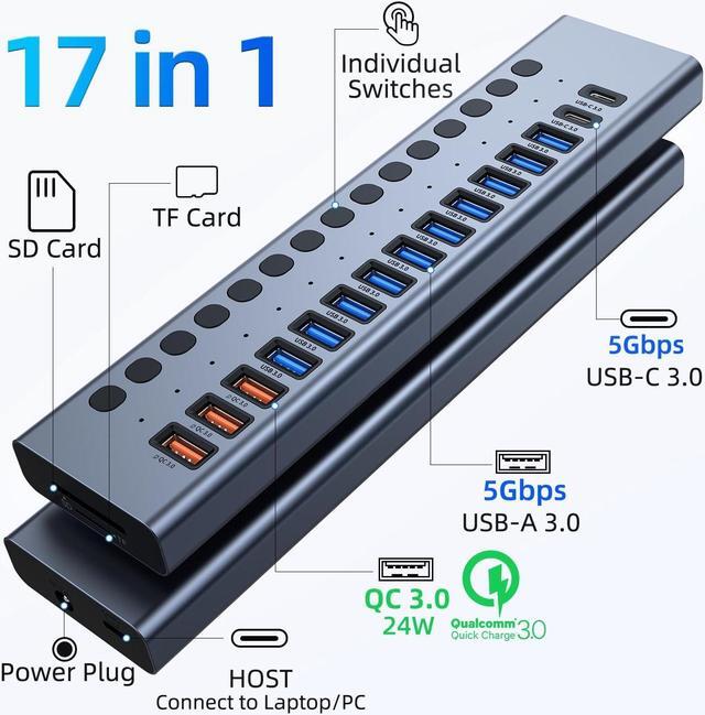 Alt view image 2 of 7 - Powered USB Hub, VANGREE 17-Port 90W USB 3.0 Hub (10 USB 3.0 Ports+3 QC24W Fast Charging Ports+2 USB-C 3.0 Ports+SD/TF Card Reader), Individual On/Off Switches, 12V/7.5A Power Adapter for Laptop, PC