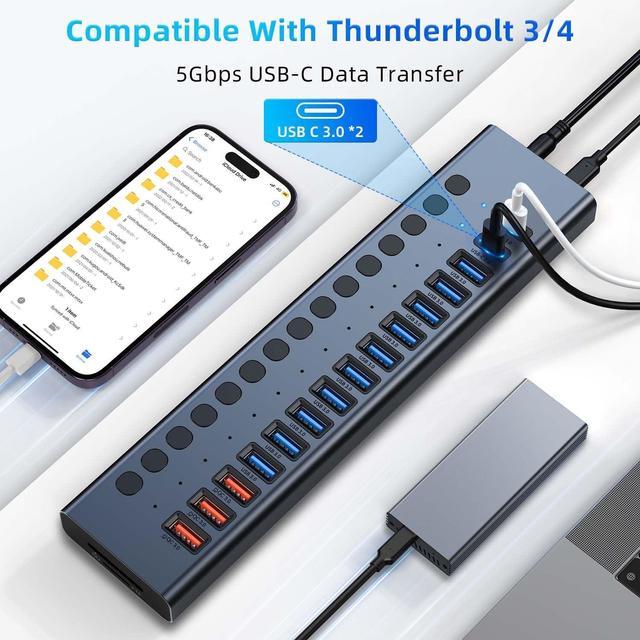 Alt view image 6 of 7 - Powered USB Hub, VANGREE 17-Port 90W USB 3.0 Hub (10 USB 3.0 Ports+3 QC24W Fast Charging Ports+2 USB-C 3.0 Ports+SD/TF Card Reader), Individual On/Off Switches, 12V/7.5A Power Adapter for Laptop, PC