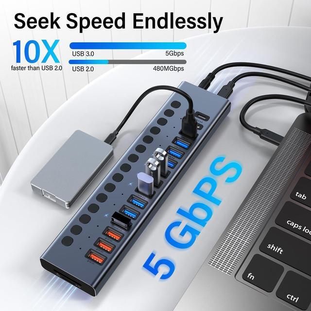 Alt view image 5 of 7 - Powered USB Hub, VANGREE 17-Port 90W USB 3.0 Hub (10 USB 3.0 Ports+3 QC24W Fast Charging Ports+2 USB-C 3.0 Ports+SD/TF Card Reader), Individual On/Off Switches, 12V/7.5A Power Adapter for Laptop, PC