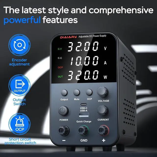 Alt view image 2 of 7 - 60V 5A Bench Power Supply with Encoder Knob, 4-Digits Display, Adjustable Regulated lab Power Supply with 5V 3.6A USB & Type-C Quick-Charge, Output Switch