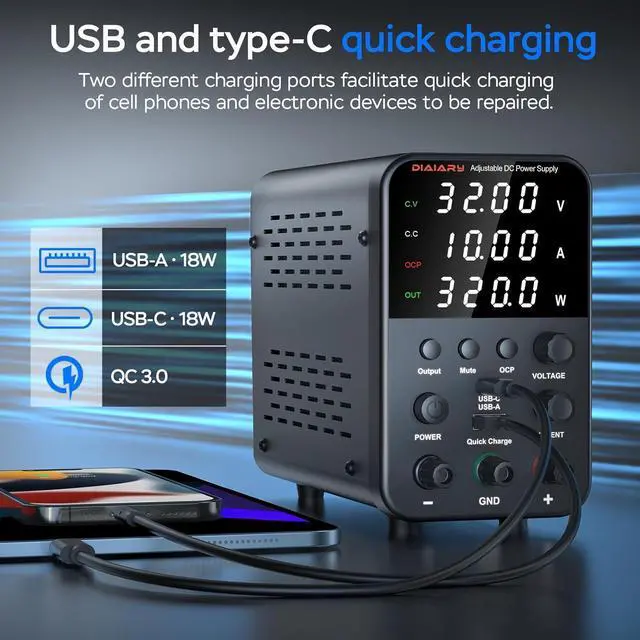 Alt view image 3 of 7 - 60V 5A Bench Power Supply with Encoder Knob, 4-Digits Display, Adjustable Regulated lab Power Supply with 5V 3.6A USB & Type-C Quick-Charge, Output Switch