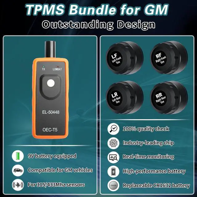 Alt view image 6 of 6 - TPMS Sensor for GM Chevy Silverado Buick Cadillac GMC Pontiac, 315MHz Tire Pressure Sensor Replaces# 13598771,13598772, 4 Tire Sensors with 1 TPMS Relearn Tool, External, Easy to Install