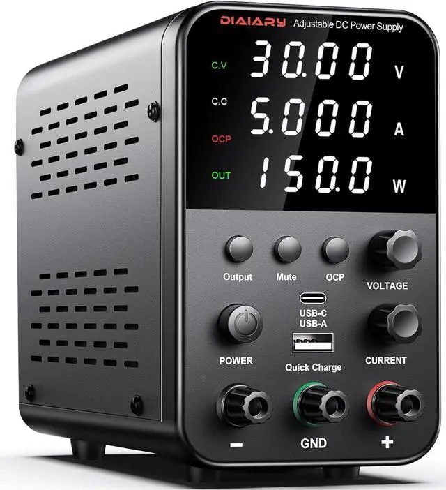 Alt view image 7 of 7 - 60V 5A Bench Power Supply with Encoder Knob, 4-Digits Display, Adjustable Regulated lab Power Supply with 5V 3.6A USB & Type-C Quick-Charge, Output Switch