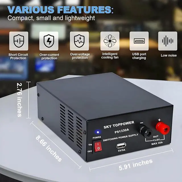 Alt view image 4 of 6 - 13.8V 30A DC Power Supply for Ham Radio,30 Amp Compact Regulated Bench Power Supply Lab Benchtop AC-to-DC Converter,Cooling Fan,5V/2A USB Interface,Powering Ham Radio, Amplifiers,Sky TOPPOWER-PS1330A