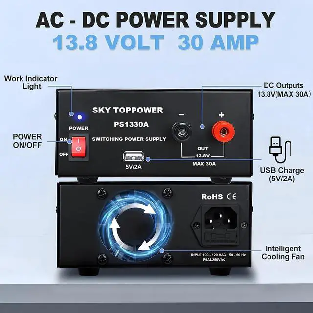 Alt view image 6 of 6 - 13.8V 30A DC Power Supply for Ham Radio,30 Amp Compact Regulated Bench Power Supply Lab Benchtop AC-to-DC Converter,Cooling Fan,5V/2A USB Interface,Powering Ham Radio, Amplifiers,Sky TOPPOWER-PS1330A