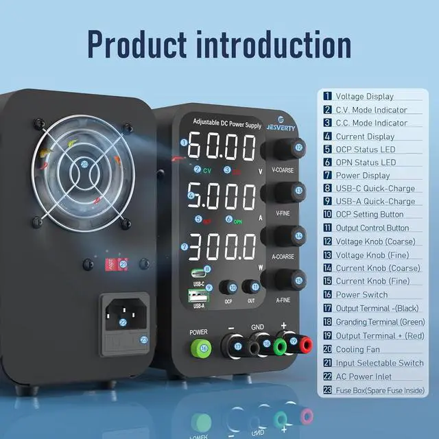 Alt view image 2 of 7 - 0-32V 0-10A Switching Bench Power Supply with 20W USB & Type-C Quick-Charge, Encoder Corase & Fine Adjustment Knob, Output Switch, 4-Digit LED Display - SPS-3010V