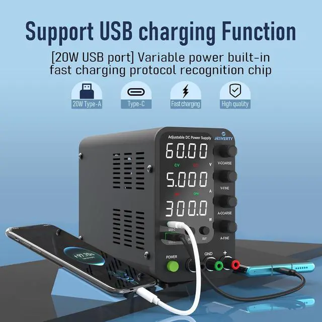 Alt view image 3 of 7 - 0-32V 0-10A Switching Bench Power Supply with 20W USB & Type-C Quick-Charge, Encoder Corase & Fine Adjustment Knob, Output Switch, 4-Digit LED Display - SPS-3010V
