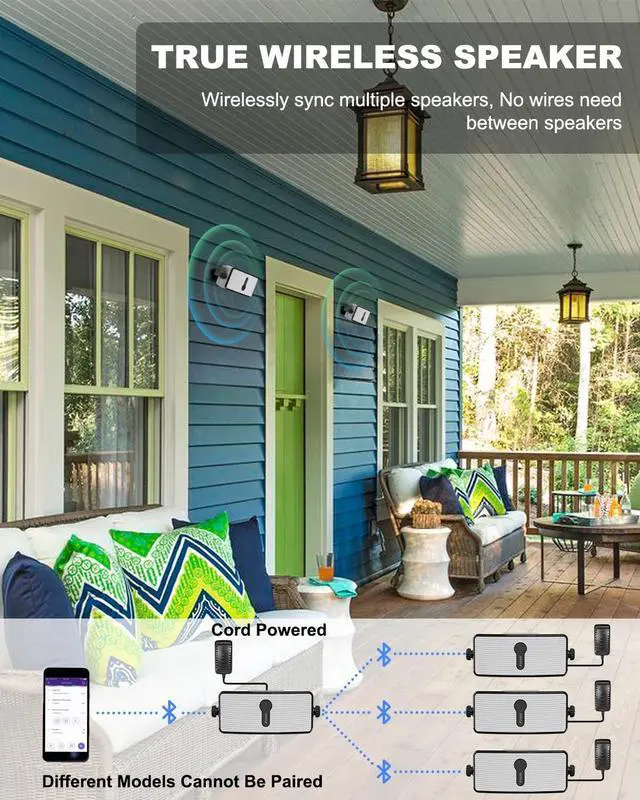 Alt view image 2 of 6 - Bluetooth Outdoor Speaker, IPX5 Waterproof Wall Mount Speaker, Wireless Sync Up to 100 Speakers, Connect Seamlessly to Phone, Computer, Echo Dot, Suitable for Patio, Porch, Gazebo, Garage, 2 PCS