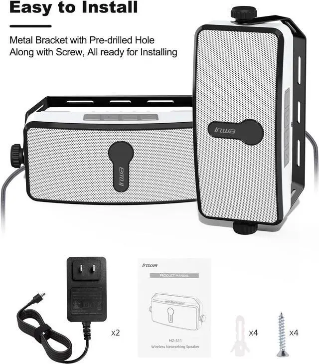 Alt view image 6 of 6 - Bluetooth Outdoor Speaker, IPX5 Waterproof Wall Mount Speaker, Wireless Sync Up to 100 Speakers, Connect Seamlessly to Phone, Computer, Echo Dot, Suitable for Patio, Porch, Gazebo, Garage, 2 PCS