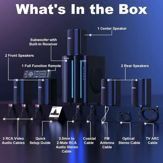 Alt view image 5 of 7 - Surround Sound Systems Home Theater System - 800 Watts Peak Power 6.5" Subwoofer 5.1/2.1 Wired Stereo Speakers Strong Bass with HDMI ARC Optical AUX Bluetooth Input