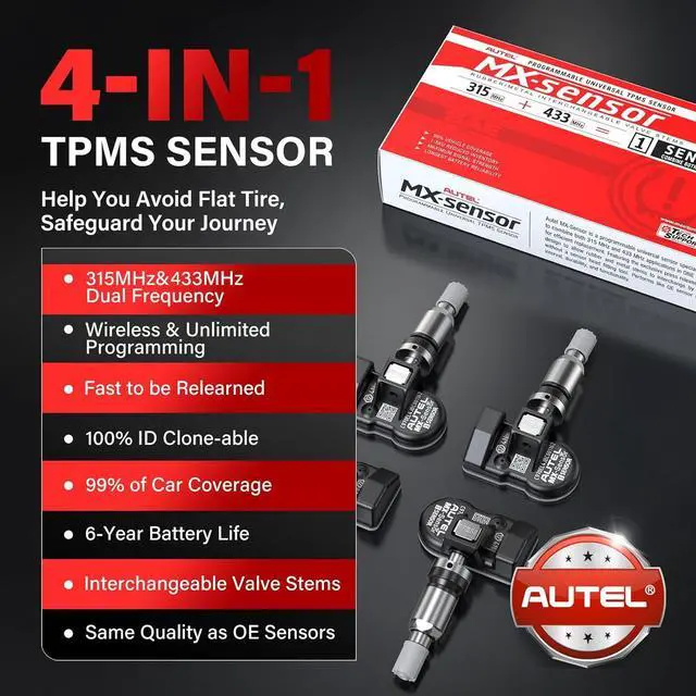 Alt view image 2 of 7 - TPMS Sensor Set of 4, MX-Sensor 2in 1 Dual Frequency 315MHz + 433MHz Press-in OE-Level Universal TPMS Sensors Programmable by Autel TPMS Tool Compatible with TS408S TS508WF TS601 (Metal Valves)