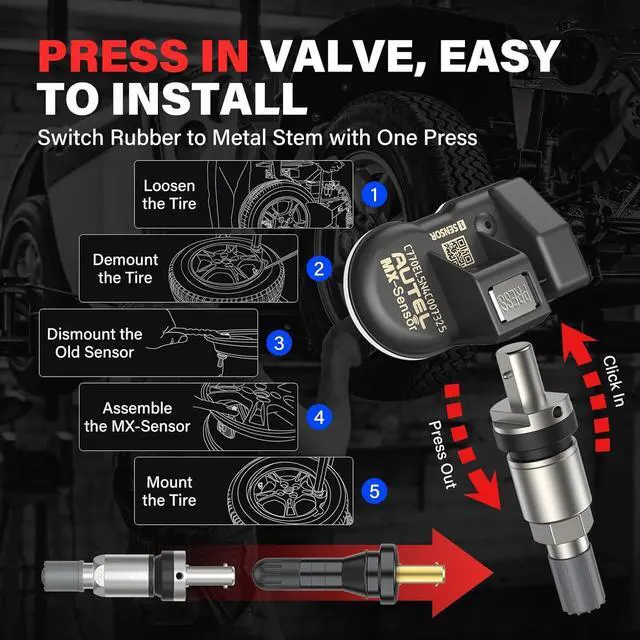 Alt view image 5 of 7 - TPMS Sensor Set of 4, MX-Sensor 2in 1 Dual Frequency 315MHz + 433MHz Press-in OE-Level Universal TPMS Sensors Programmable by Autel TPMS Tool Compatible with TS408S TS508WF TS601 (Metal Valves)
