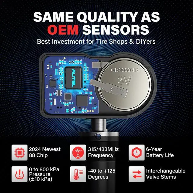 Alt view image 6 of 7 - TPMS Sensor Set of 4, MX-Sensor 2in 1 Dual Frequency 315MHz + 433MHz Press-in OE-Level Universal TPMS Sensors Programmable by Autel TPMS Tool Compatible with TS408S TS508WF TS601 (Metal Valves)