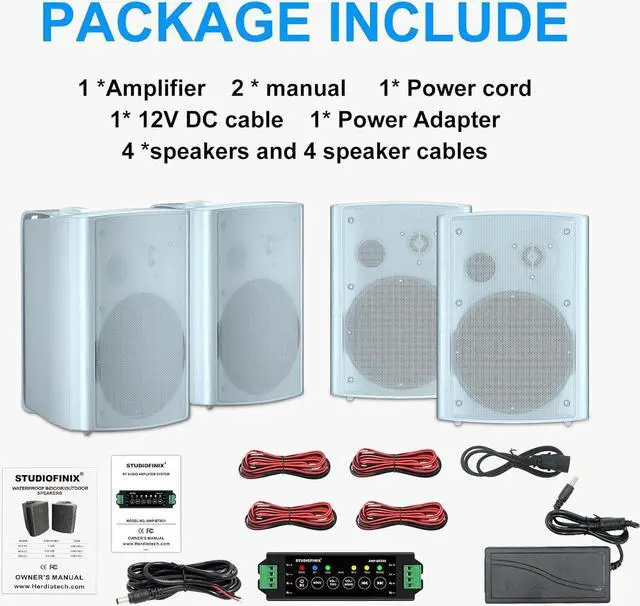 Alt view image 2 of 7 - 800W 6.5 Inch Bluetooth Outdoor Speakers Waterproof Wired with Multifunctional Amplifier Wall Mount Weatherproof Loudspeaker System for Patio Garden Poolside Home(4 Speakers,White)