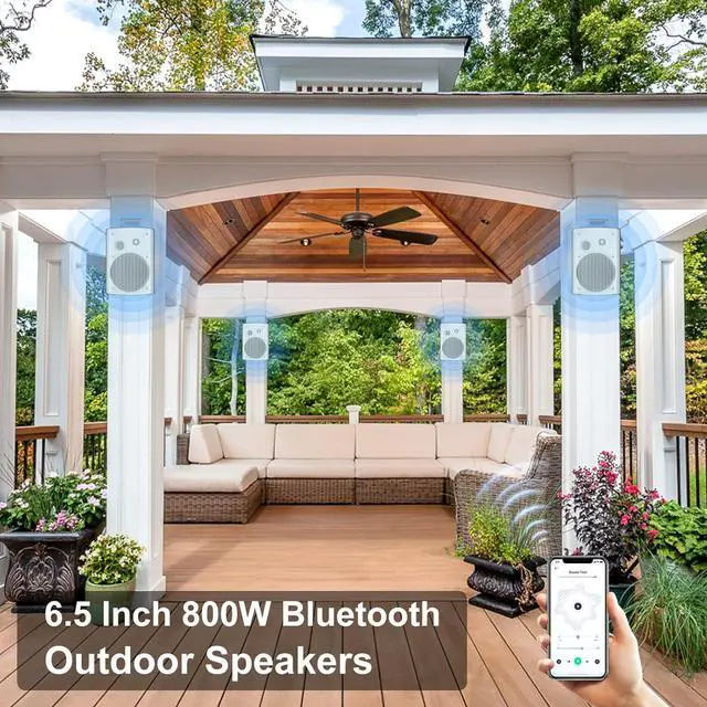 Alt view image 7 of 7 - 800W 6.5 Inch Bluetooth Outdoor Speakers Waterproof Wired with Multifunctional Amplifier Wall Mount Weatherproof Loudspeaker System for Patio Garden Poolside Home(4 Speakers,White)