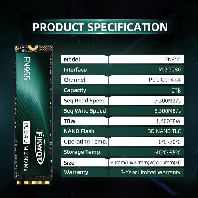 Alt view image 6 of 7 - FN955 2TB SSD M.2 2280 PCIe Gen4 x4 NVMe 1.4 Internal Solid State Drive - Speeds up to 7300MB/s, Configure SLC Cache,Compatible with Laptop/Desktop/Ps5