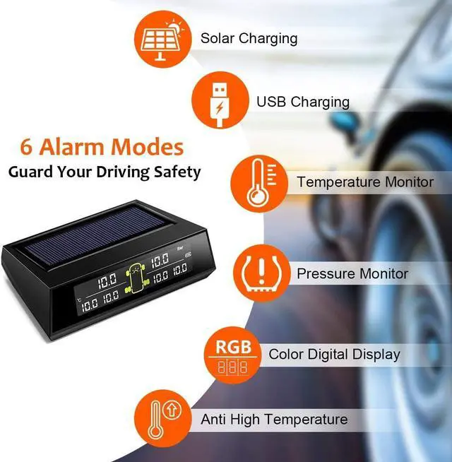 Alt view image 3 of 7 - RV TPMS Tire Pressure Monitoring System,TS200 Solar Wireless TPMS with 6 Tire External Sensors Digital LCD Display RV Auto Security Alarm for Car RV Trailer Truck Tow Motorhome