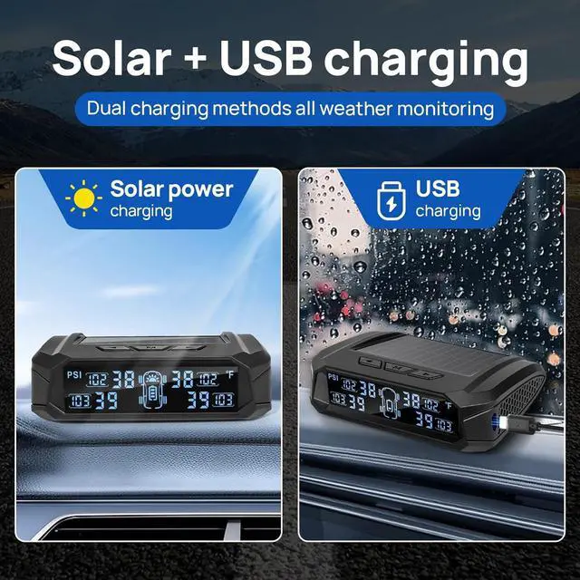 Alt view image 2 of 7 - RV tire Pressure Monitoring System, Wireless TPMS Tire Pressure Monitor System with Solar Charger, RV TPMS with 4 tire Pressure Sensors & 6 Alarm Modes(0-87 PSI)