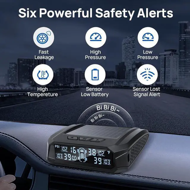 Alt view image 3 of 7 - RV tire Pressure Monitoring System, Wireless TPMS Tire Pressure Monitor System with Solar Charger, RV TPMS with 4 tire Pressure Sensors & 6 Alarm Modes(0-87 PSI)