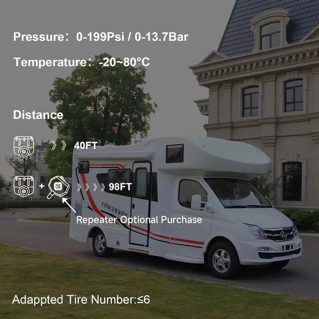 Alt view image 7 of 7 - Tire Pressure Monitoring System RV Solar Wireless TPMS High Brightness for Trailer Travel Motorhome(0~199PSI) with 6 Sensors, 5 Alarm Modes Tire Pressure Monitor Real-time Alarm System