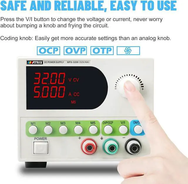 Alt view image 3 of 7 - DC Power Supply Variable, 32V 6A Adjustable Bench Power Supply 4-Digit Display 5 Sets Storage, Switching Regulated DC Lab Power Supply with Encoder Knob, Smart Fan and OCP/OVP/OTP (MPS-3206)