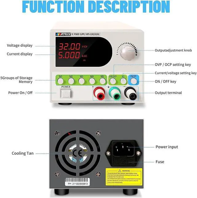 Alt view image 6 of 7 - DC Power Supply Variable, 32V 6A Adjustable Bench Power Supply 4-Digit Display 5 Sets Storage, Switching Regulated DC Lab Power Supply with Encoder Knob, Smart Fan and OCP/OVP/OTP (MPS-3206)
