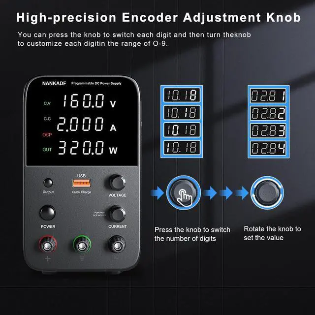 Alt view image 3 of 7 - Bench Power Supply with Encoder Adjustment Knob, Output Enable/Disable Button, Adjustable Power Supply with USB Quick-Charge, Short Circuit Alam (160V 2A Black)