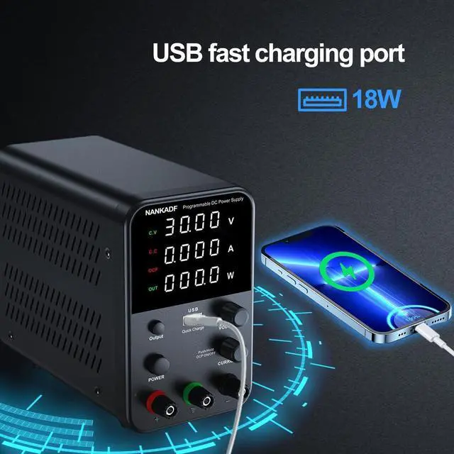 Alt view image 5 of 7 - Bench Power Supply with Encoder Adjustment Knob, Output Enable/Disable Button, Adjustable Power Supply with USB Quick-Charge, Short Circuit Alam (160V 2A Black)