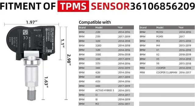 Alt view image 2 of 7 - 4Pack 36106856209 433MHz Tire Pressure Monitoring System(TPMS)Sensor Compatible with MINI Cooper BMW I3 I8 X1 X2 X5 X6 M2 M235I M240I M3 M4 228I 230I 320I 328D 328I 330E 330I 335I 340I 428I 430I 435I