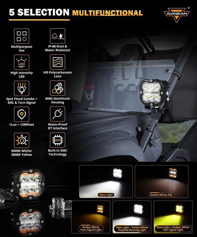 Alt view image 3 of 6 - XP-Ultra Series 3Inch 84W LED Pods, DRL & Turn Signal Multi Modes Amber White LED Light Bar, 9600LM Spot Flood Combo Ditch Lights Yellow Fog Lights Offroad Cube Lights with Covers, Pair
