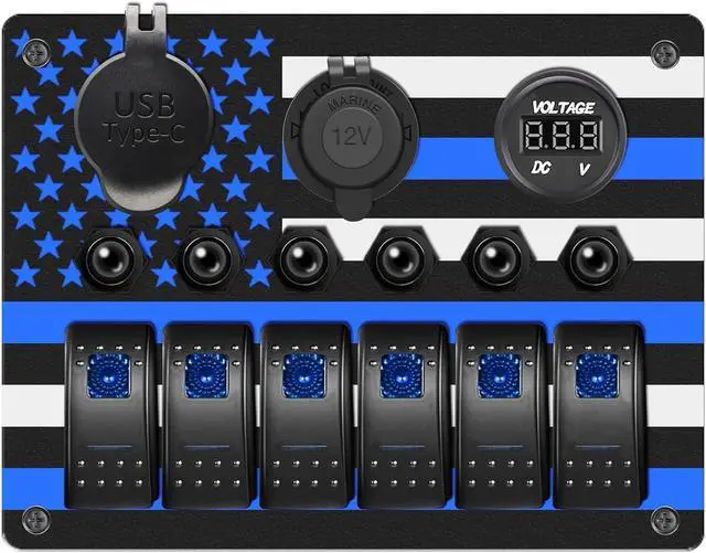 Alt view image 2 of 7 - 6P Rocker Switch Panel with American Flag Pattern ON Off Toggle Switch QC3.0 PD18W USB Quick Charger Cigarette Lighter Socket Digital Voltmeter with Circuit Breaker Overload Protection (Blue)